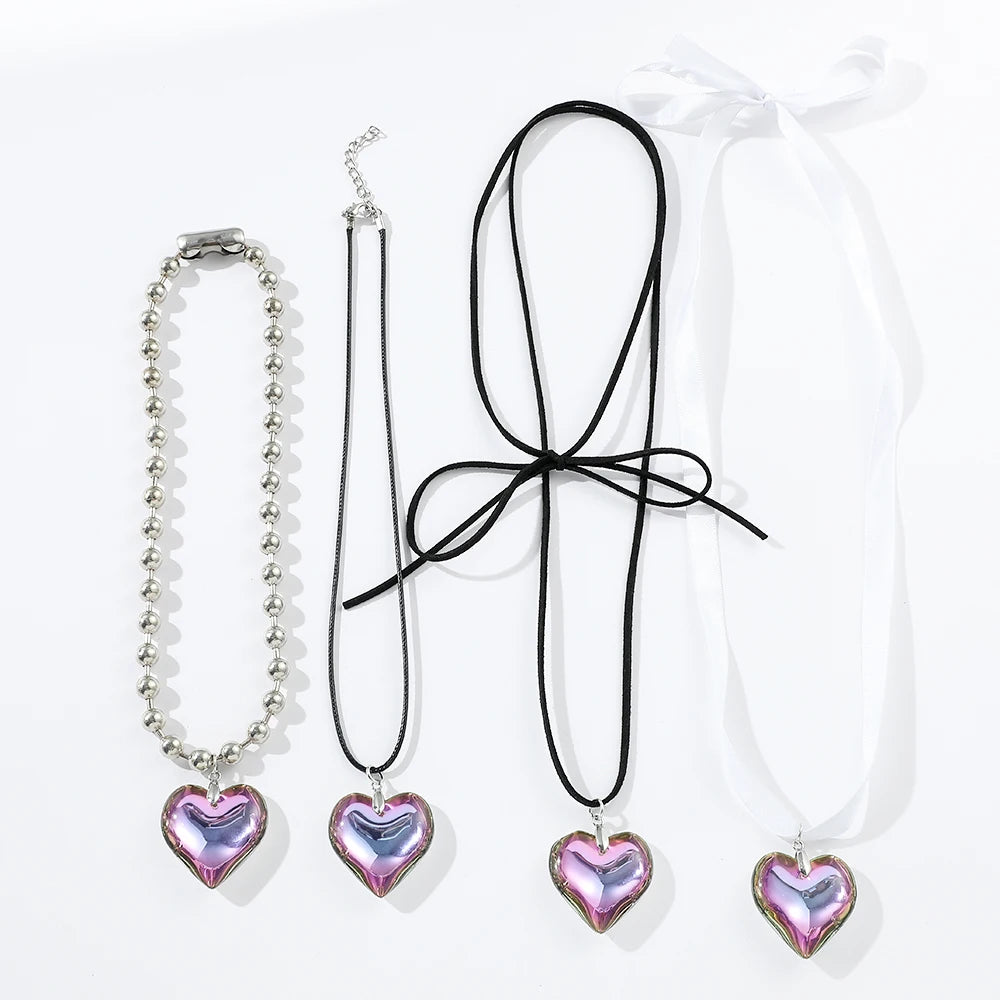 Elegant Love Heart Pendant Necklace for Women Y2K Jewelry Collares Wed Bridal Knotted Bowknot Adjustable Boho Neck Chains