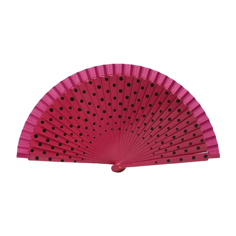 Flamenco Spanish Wood Folding Fan Dots Pattern Modern Classical Vintage Wood Hand Fan for Dance Perfornamnces Party