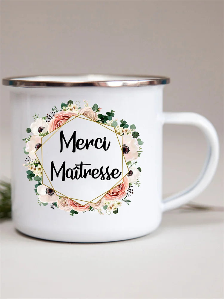French Flower Printed Enamel Mugs Creative Coffee Mug Milk Wine Beer Drink Juice Cup School Home Handle Drinkware Teacher Gifts