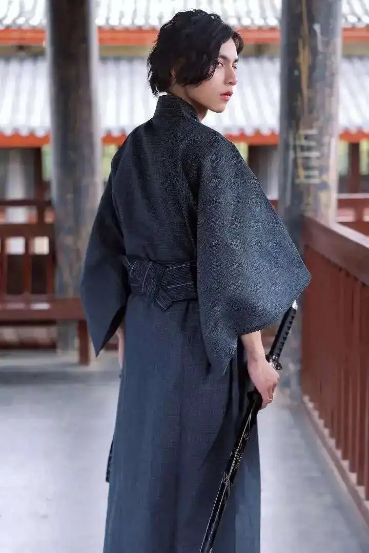 Traditional Japanese KIMONO Fashion YUKATA Summer Men Long Robes With Belt 95% Cotton Pajamas Set Male Sleepwear Bathrobe