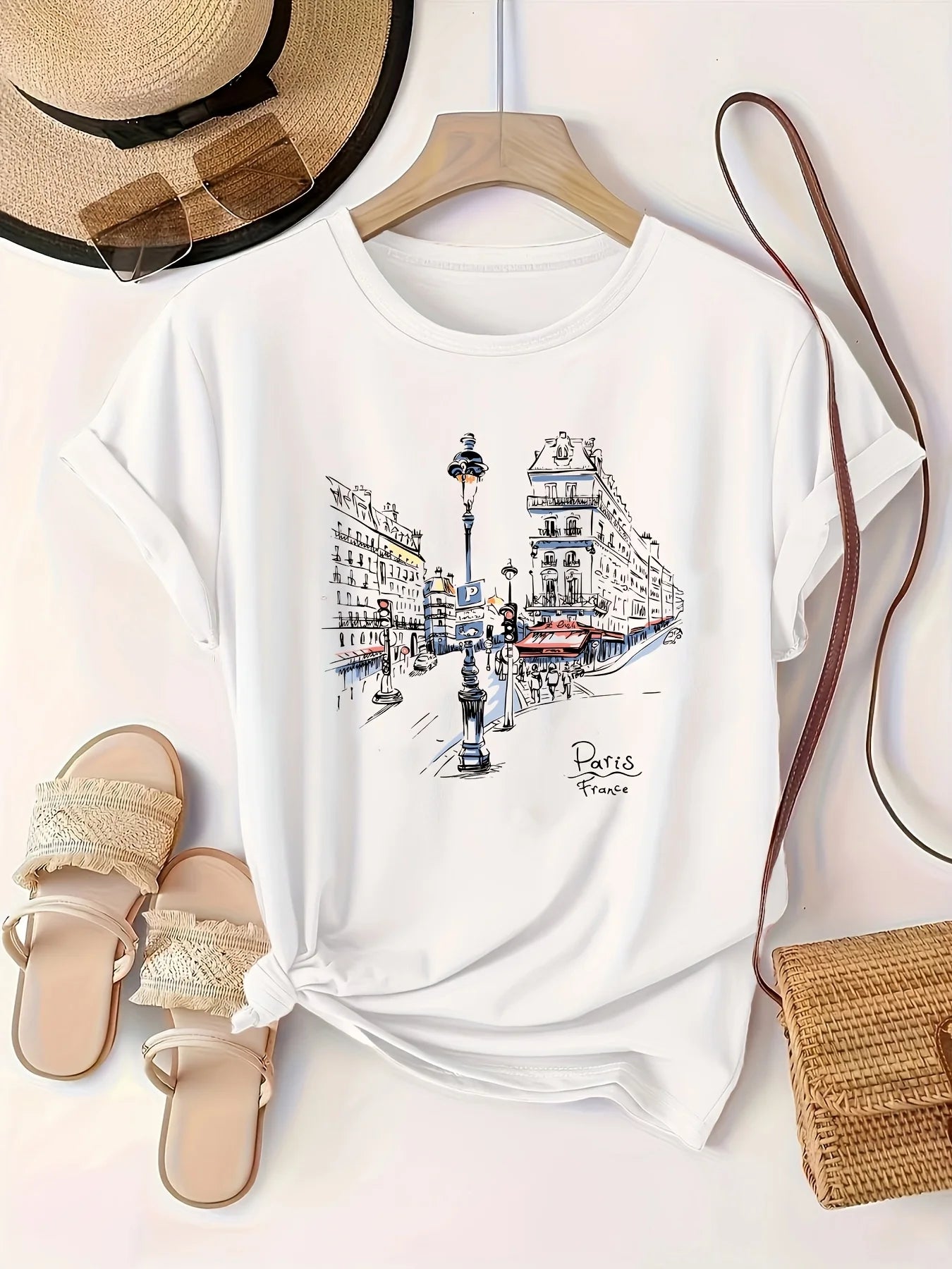 Women'S Paris Street Print T-Shirt Short Sleeve Crew Neck Casual Top with Eiffel Tower Design Spring/Summer/Fall Fashion