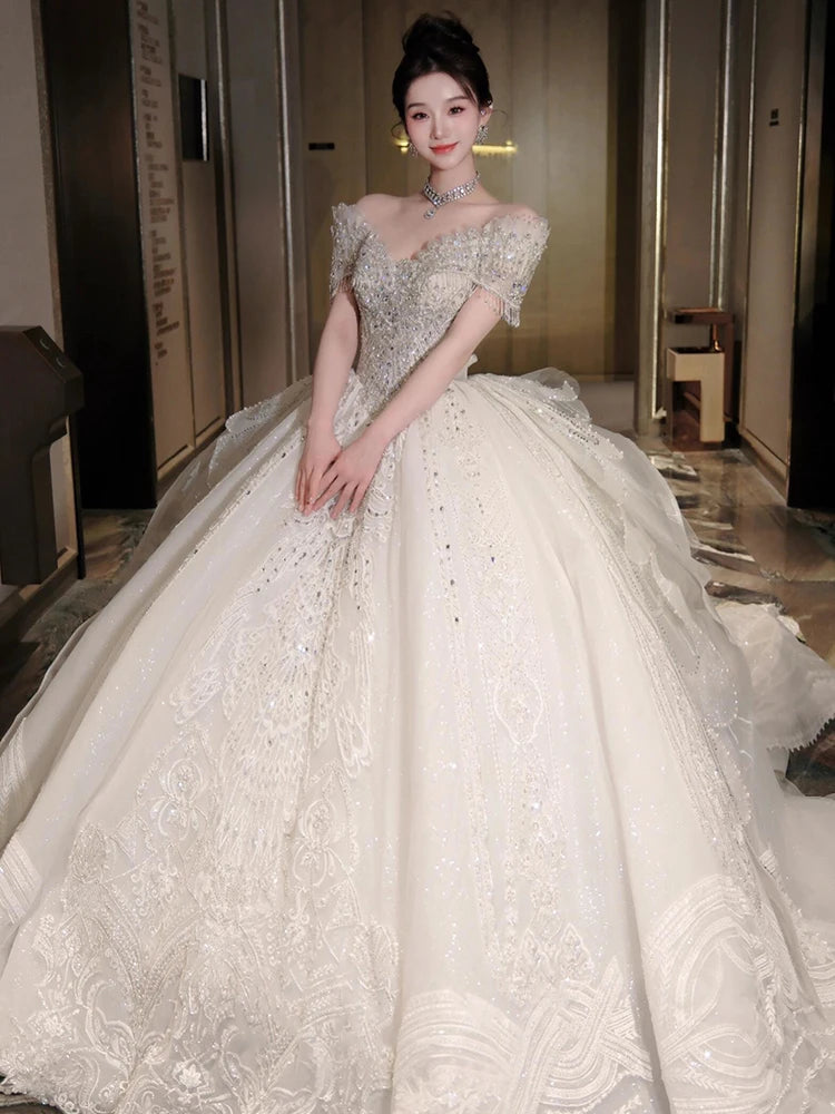 High End Quality Princess Dresses Ball Gown Crystal Heavy Beading 2025 Luxury Bridal Wedding Off Shoulder Main Wedding Dress