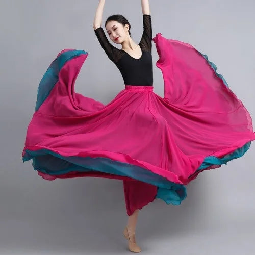 Flamenco Chiffon Dance Skirt for Women 720 Degrees Solid Color Long Skirts Dancer Practice Wear Chinese Style Skirt with Big Hem