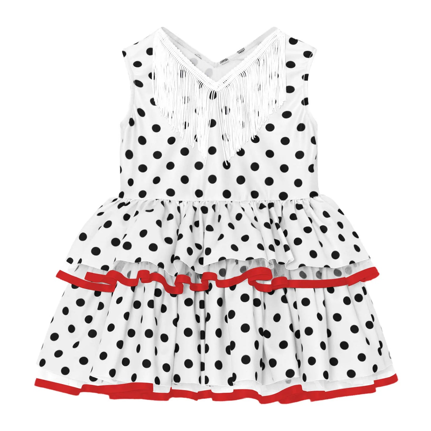 Baby Girls Cute Flamenco Dance Costume V-neck Sleeveless Tassel Polka Dot Mesh Layered Cake Dress for Dance Party Performance