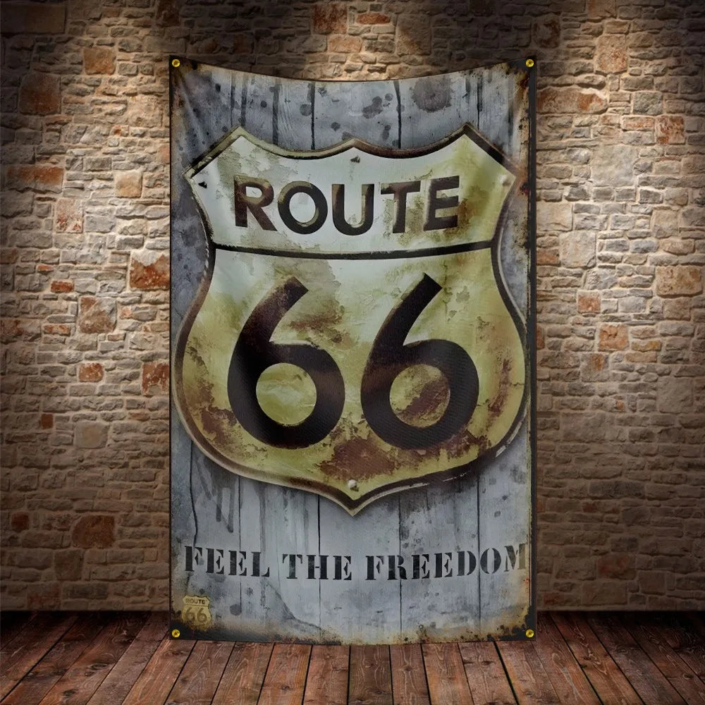 3X5Ft U.S. Route 66 Motorcycle Flag Polyester Digital Printing Car Banner For Decor