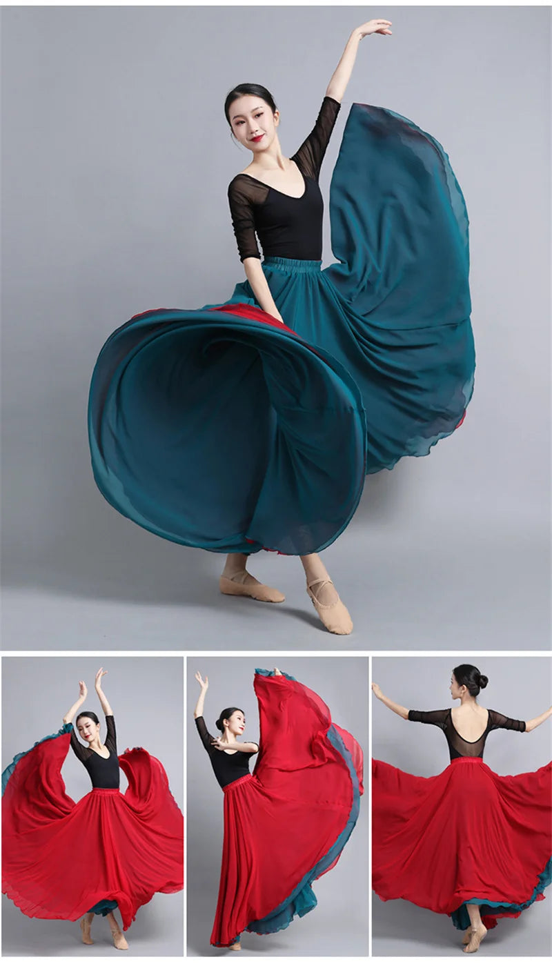 Flamenco Chiffon Dance Skirt for Women 720 Degrees Solid Color Long Skirts Dancer Practice Wear Chinese Style Skirt with Big Hem