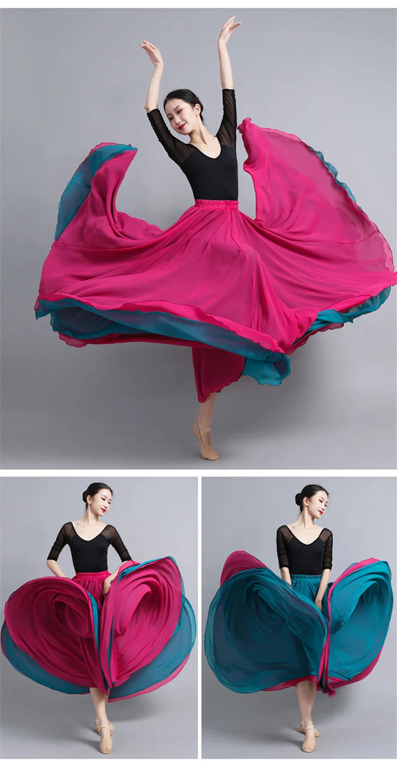 Flamenco Chiffon Dance Skirt for Women 720 Degrees Solid Color Long Skirts Dancer Practice Wear Chinese Style Skirt with Big Hem