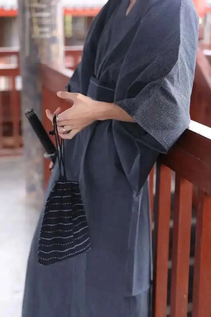 Traditional Japanese KIMONO Fashion YUKATA Summer Men Long Robes With Belt 95% Cotton Pajamas Set Male Sleepwear Bathrobe