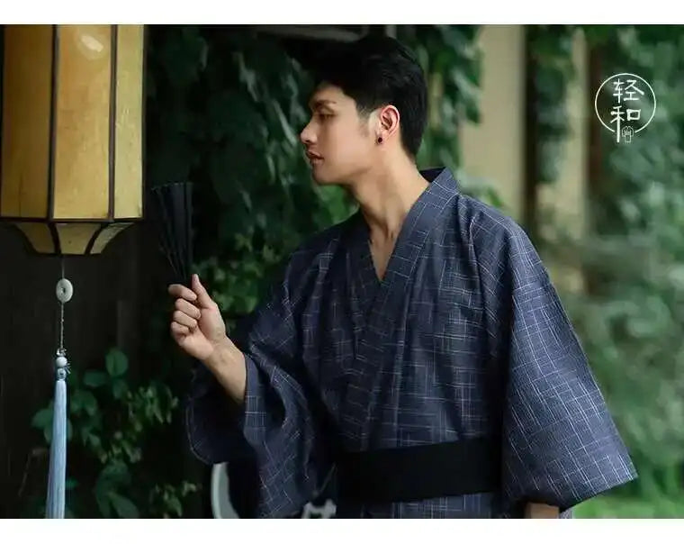 Traditional Japanese KIMONO Fashion YUKATA Summer Men Long Robes With Belt 95% Cotton Pajamas Set Male Sleepwear Bathrobe