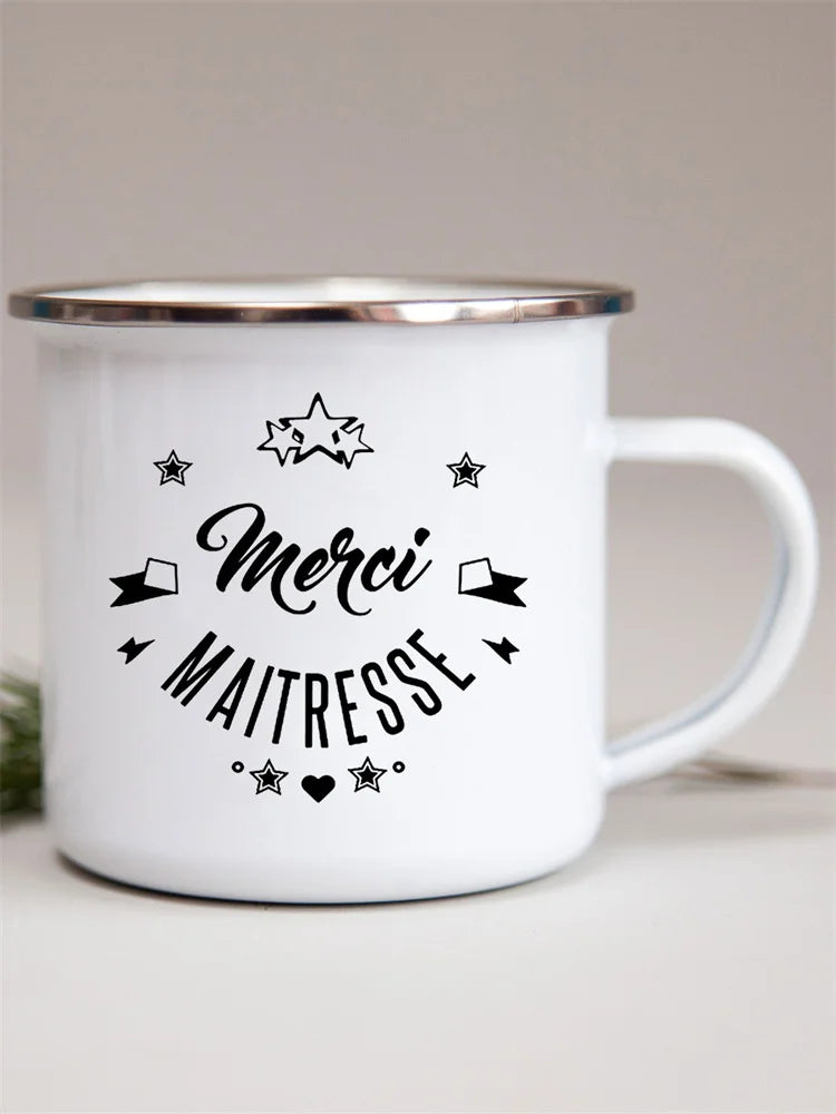 French Flower Printed Enamel Mugs Creative Coffee Mug Milk Wine Beer Drink Juice Cup School Home Handle Drinkware Teacher Gifts