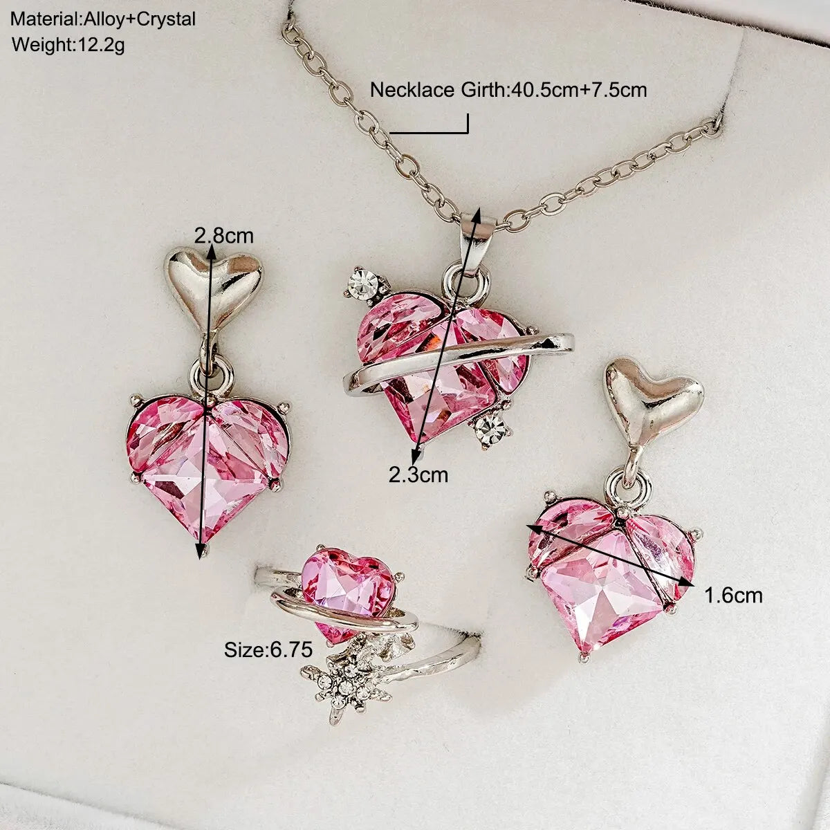 4 Pieces Love Pink Diamond Sweet Earrings Necklaces And Rings Jewelry Set Lightweight And Versatile For Women Mother's Day Gifts
