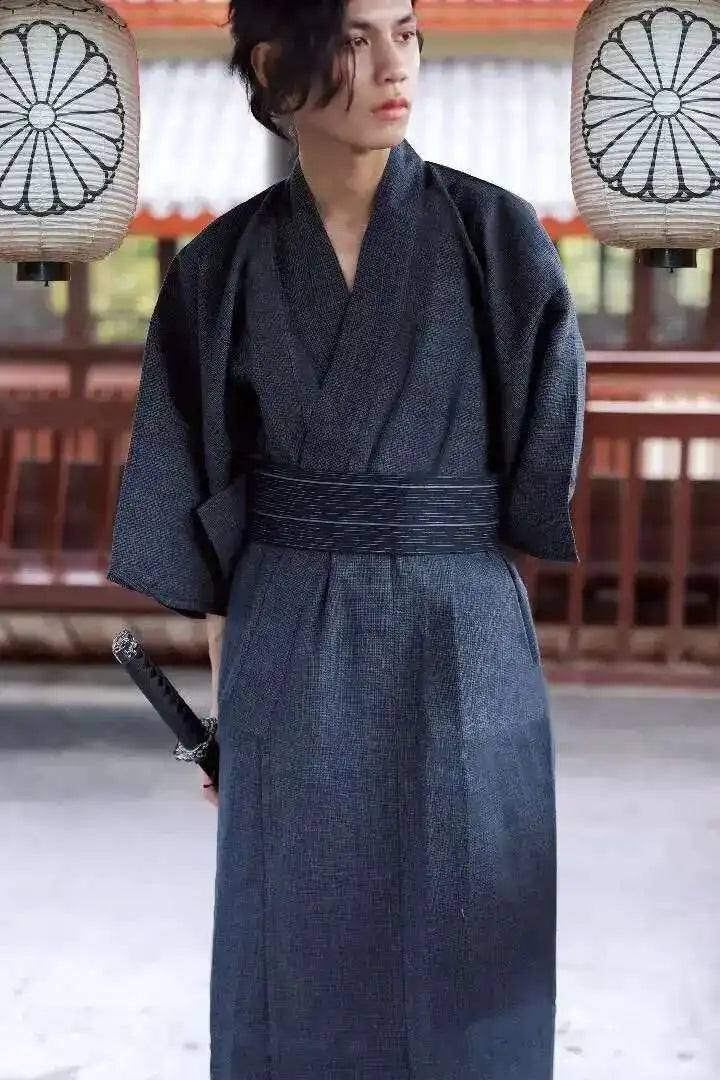 Traditional Japanese KIMONO Fashion YUKATA Summer Men Long Robes With Belt 95% Cotton Pajamas Set Male Sleepwear Bathrobe