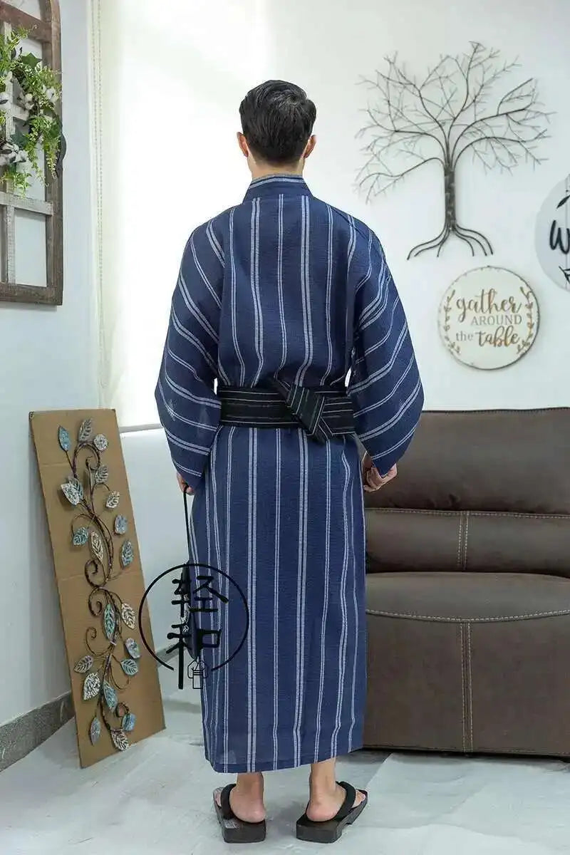 Traditional Japanese KIMONO Fashion YUKATA Summer Men Long Robes With Belt 95% Cotton Pajamas Set Male Sleepwear Bathrobe