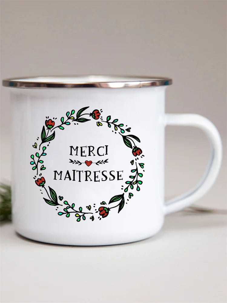 French Flower Printed Enamel Mugs Creative Coffee Mug Milk Wine Beer Drink Juice Cup School Home Handle Drinkware Teacher Gifts