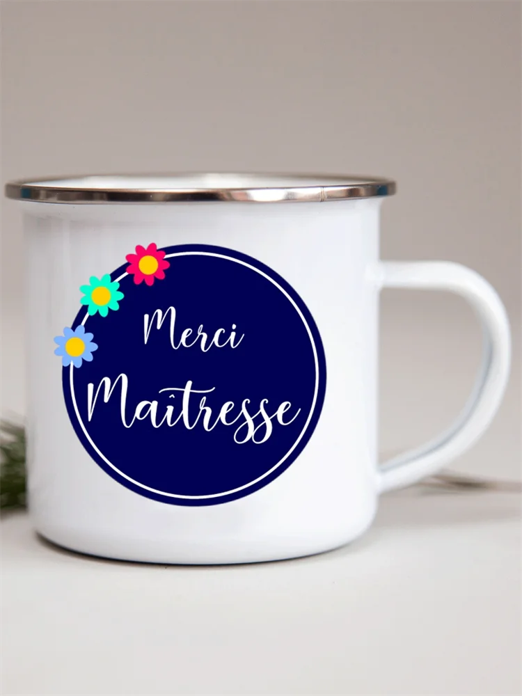 French Flower Printed Enamel Mugs Creative Coffee Mug Milk Wine Beer Drink Juice Cup School Home Handle Drinkware Teacher Gifts