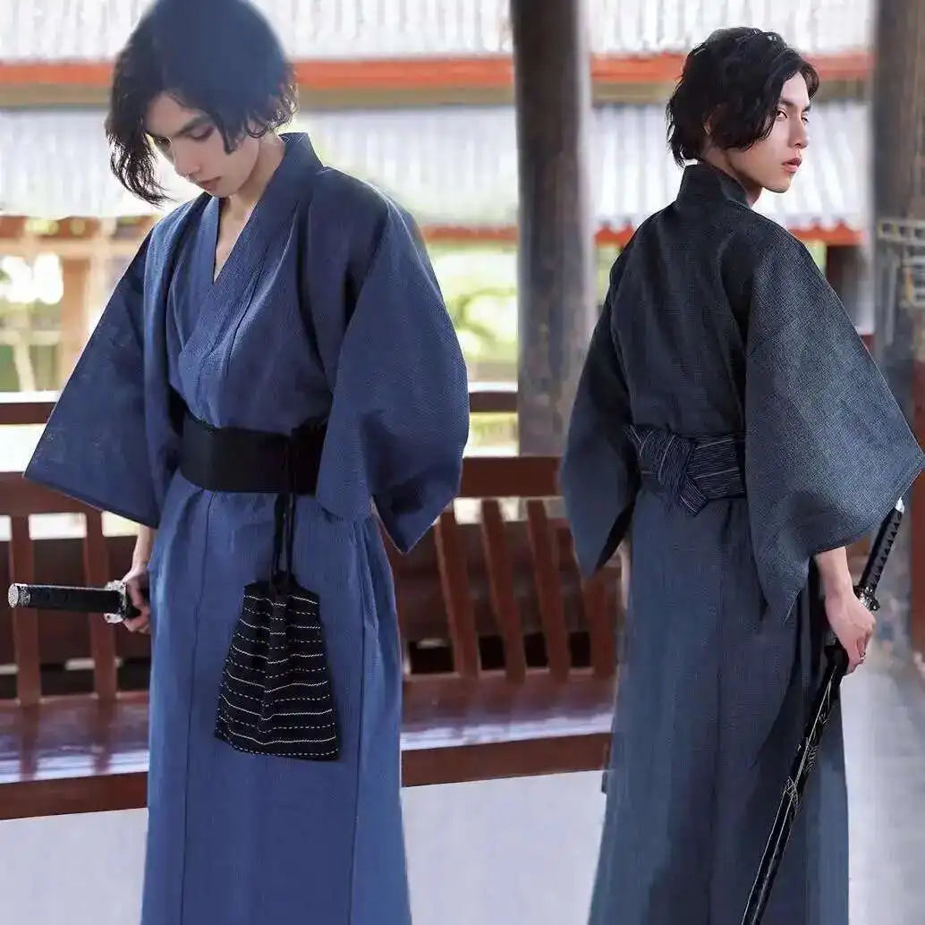 Traditional Japanese KIMONO Fashion YUKATA Summer Men Long Robes With Belt 95% Cotton Pajamas Set Male Sleepwear Bathrobe