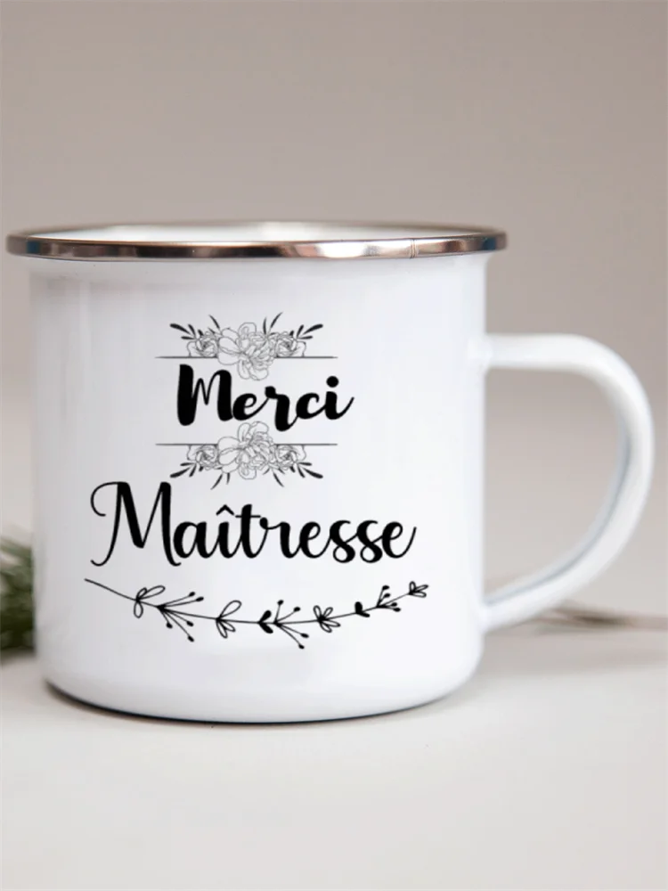 French Flower Printed Enamel Mugs Creative Coffee Mug Milk Wine Beer Drink Juice Cup School Home Handle Drinkware Teacher Gifts