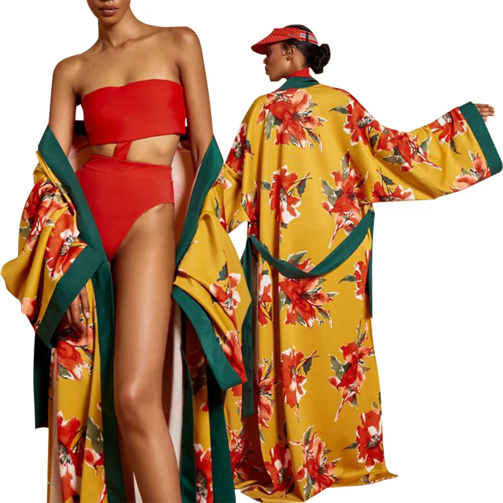 New Style Japanese Traditional Kimono Gown With Obi Popular Print Flower Pajamas Women Silk Large Size Bathrobe Yukata Dress