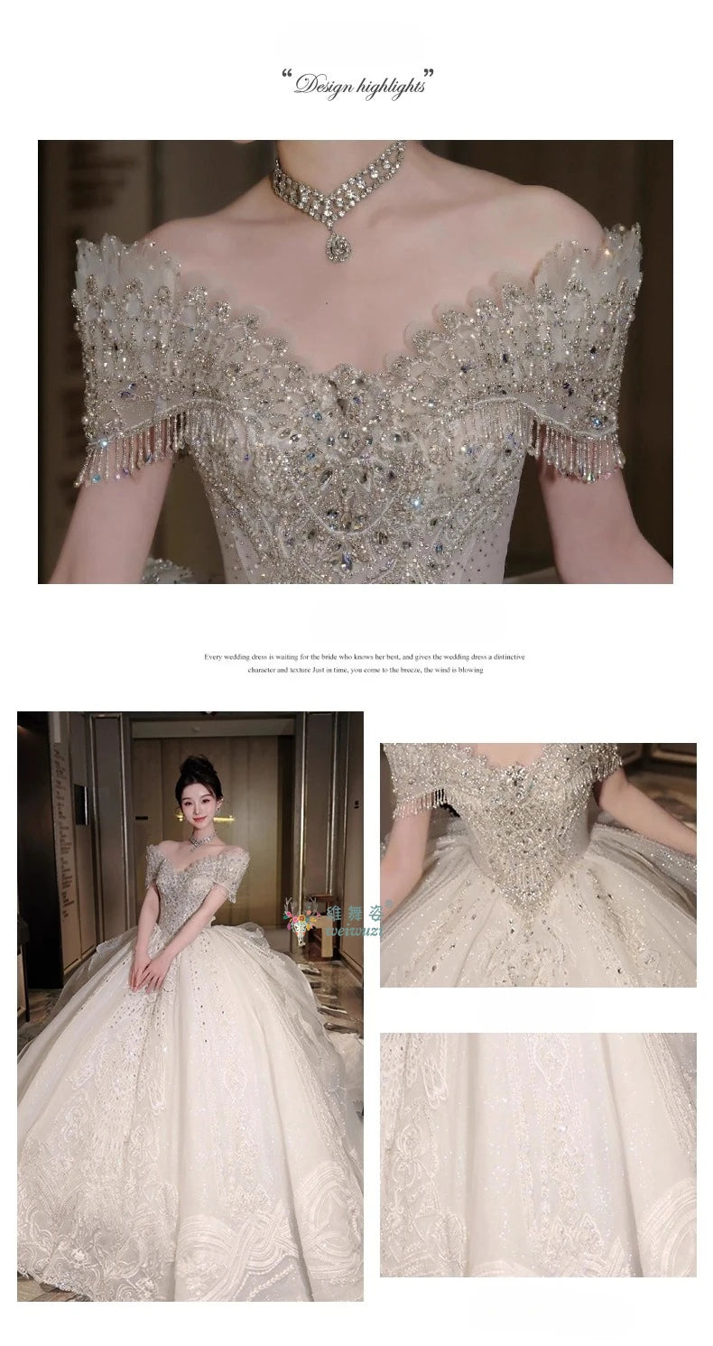 High End Quality Princess Dresses Ball Gown Crystal Heavy Beading 2025 Luxury Bridal Wedding Off Shoulder Main Wedding Dress