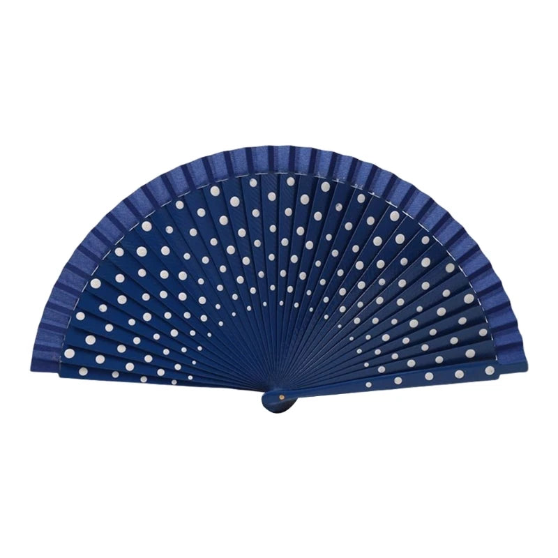 Flamenco Spanish Wood Folding Fan Dots Pattern Modern Classical Vintage Wood Hand Fan for Dance Perfornamnces Party