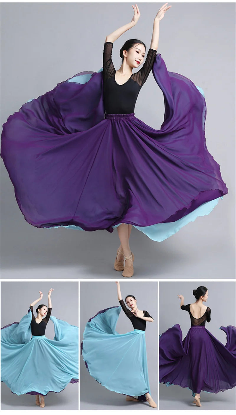 Flamenco Chiffon Dance Skirt for Women 720 Degrees Solid Color Long Skirts Dancer Practice Wear Chinese Style Skirt with Big Hem