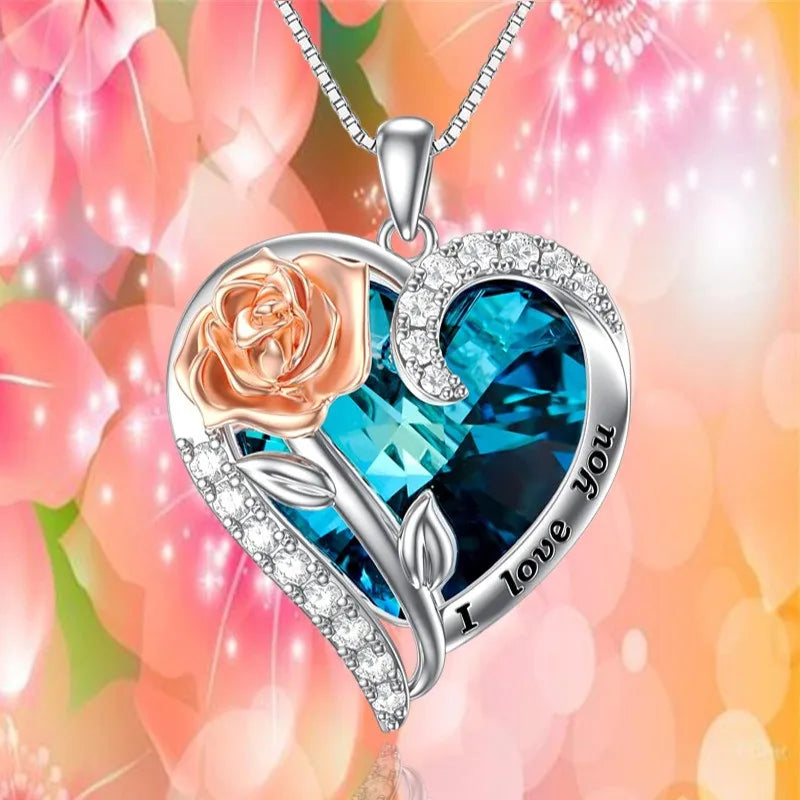 Fashion "I Love You" Rose Flower Pendant Necklace Ladies Heart Crystal Jewelry Anniversary Birthday Gift Mom Wife Girlfriend