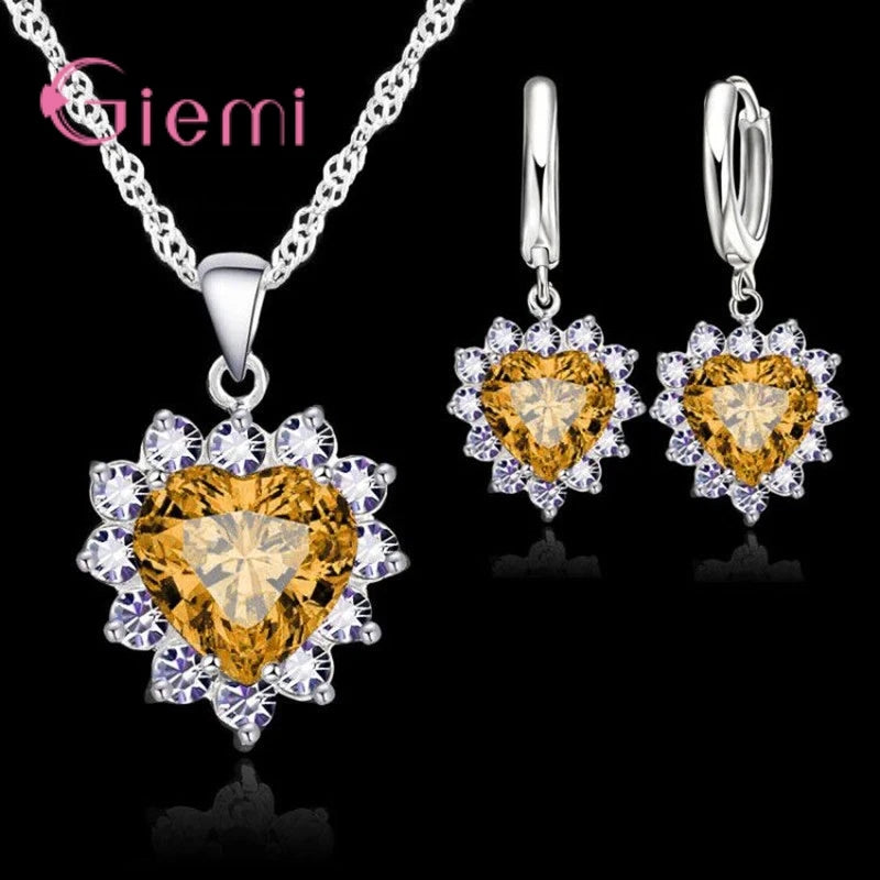 True Love 925 Sterling Silver Jewelry Sets For Wedding Women Cubic Zirconia Pendant Necklace Earrings Set Valentine's Gift