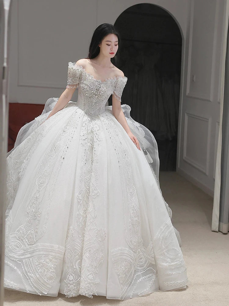 High End Quality Princess Dresses Ball Gown Crystal Heavy Beading 2025 Luxury Bridal Wedding Off Shoulder Main Wedding Dress
