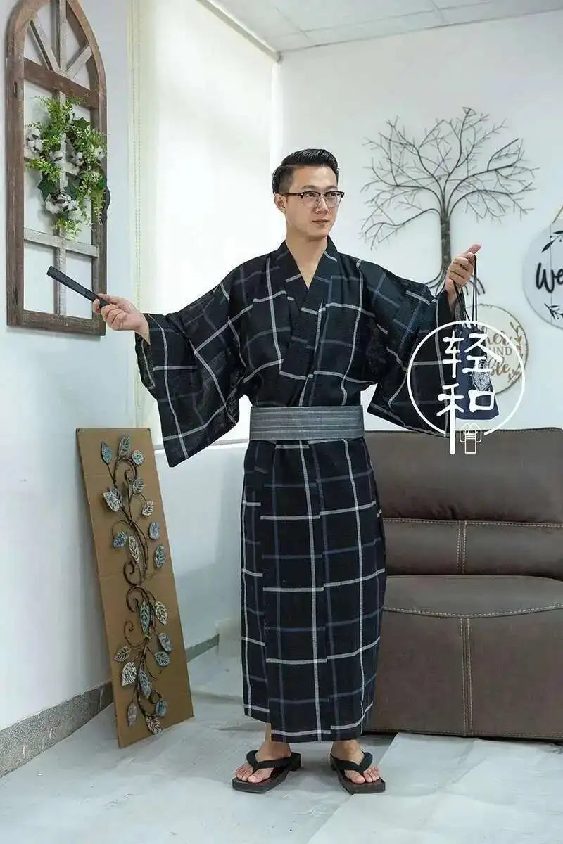 Traditional Japanese KIMONO Fashion YUKATA Summer Men Long Robes With Belt 95% Cotton Pajamas Set Male Sleepwear Bathrobe