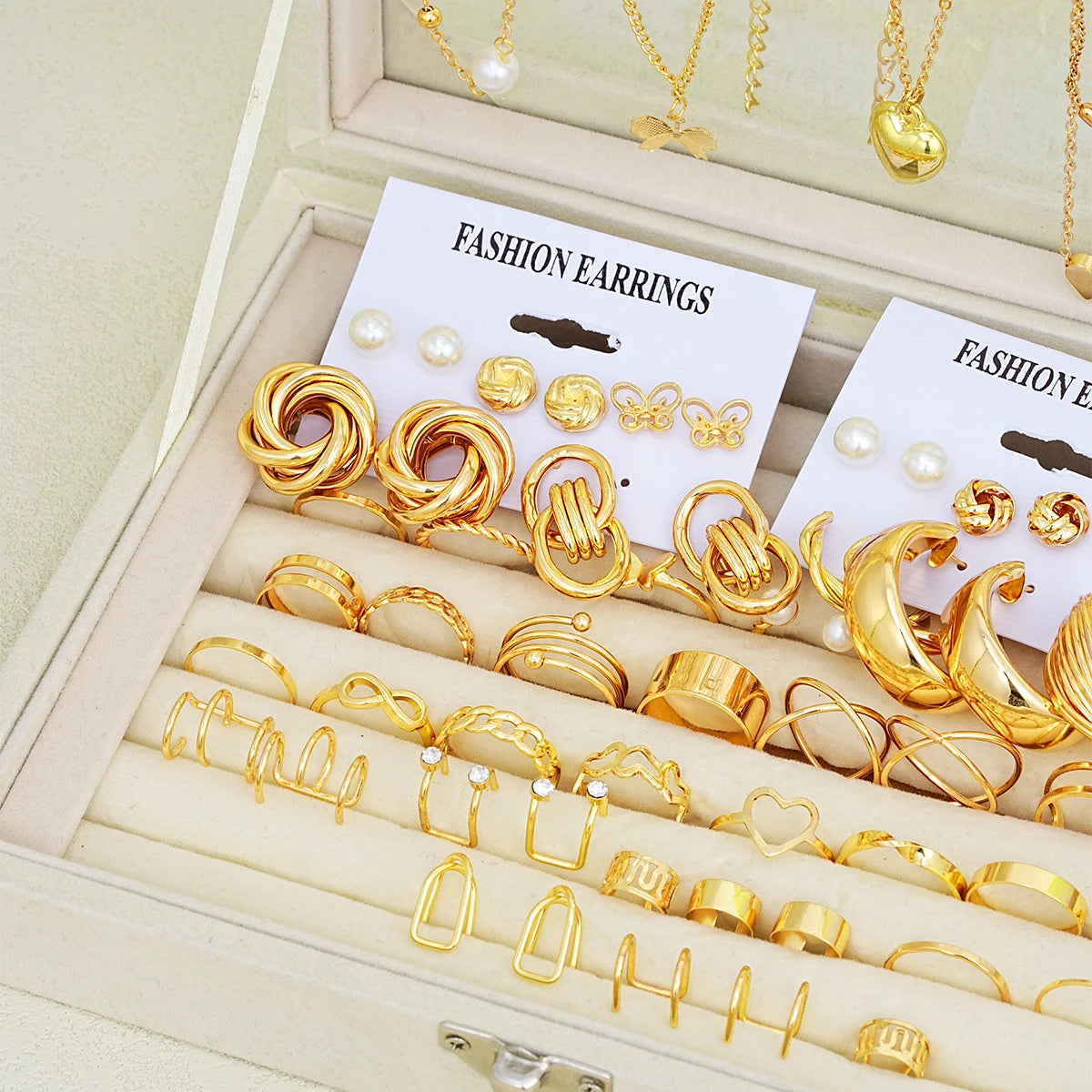 62-Piece Chic Jewelry Set for Women - Includes Earrings, Rings & Necklaces with Heart, Butterfly, Geometric Designs Jewelry Gift