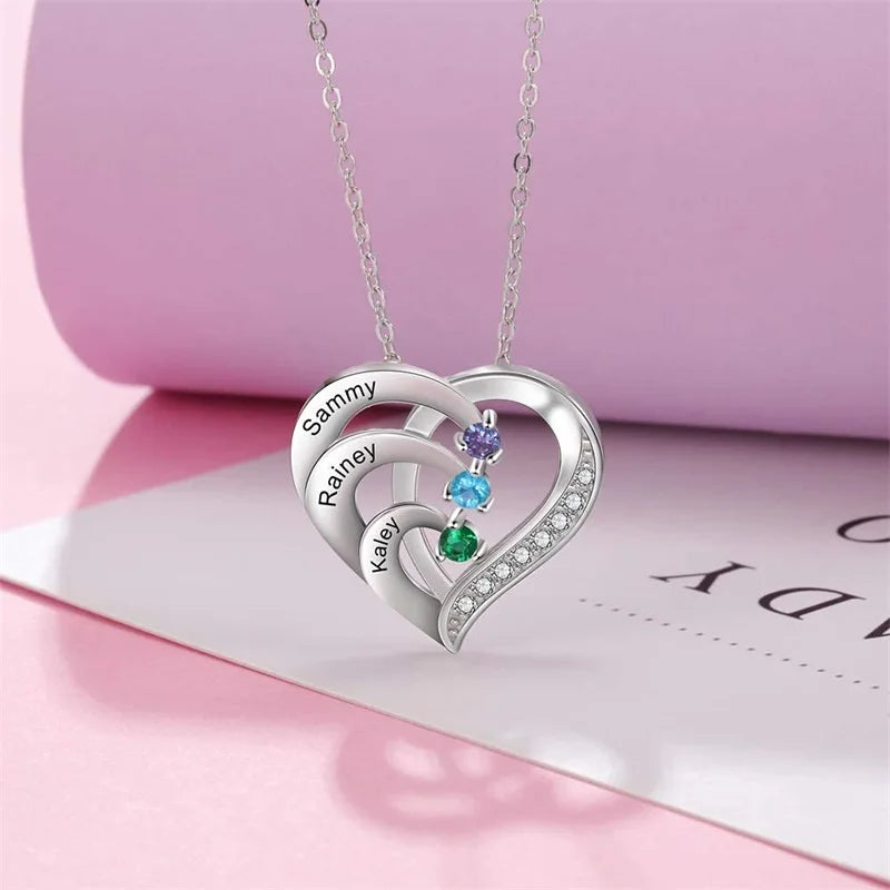 Personalized Birthstone Name Necklace for Women Custom Engraved Names Heart Necklace for Mom Wife Girlfriend Birthday Gifts