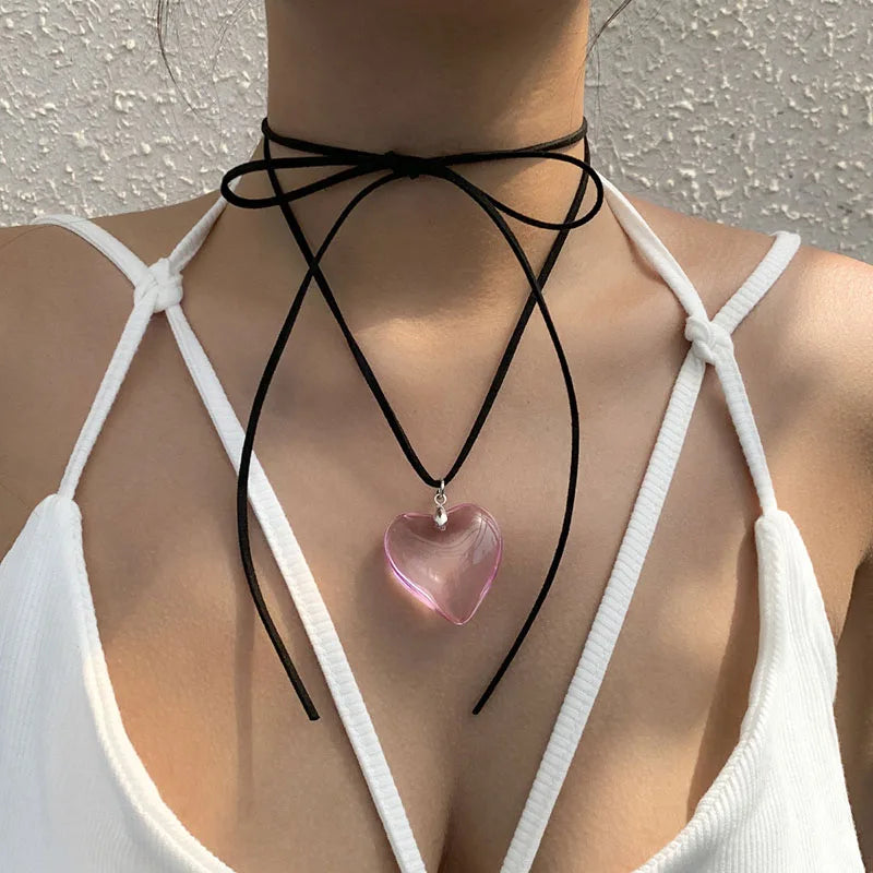 Y2k Love Heart Necklace for Women Fashion Hip Hop Red Hearts Pink Pendants Necklaces Rope Chain Girls Rave Gift Gothic Jewelry