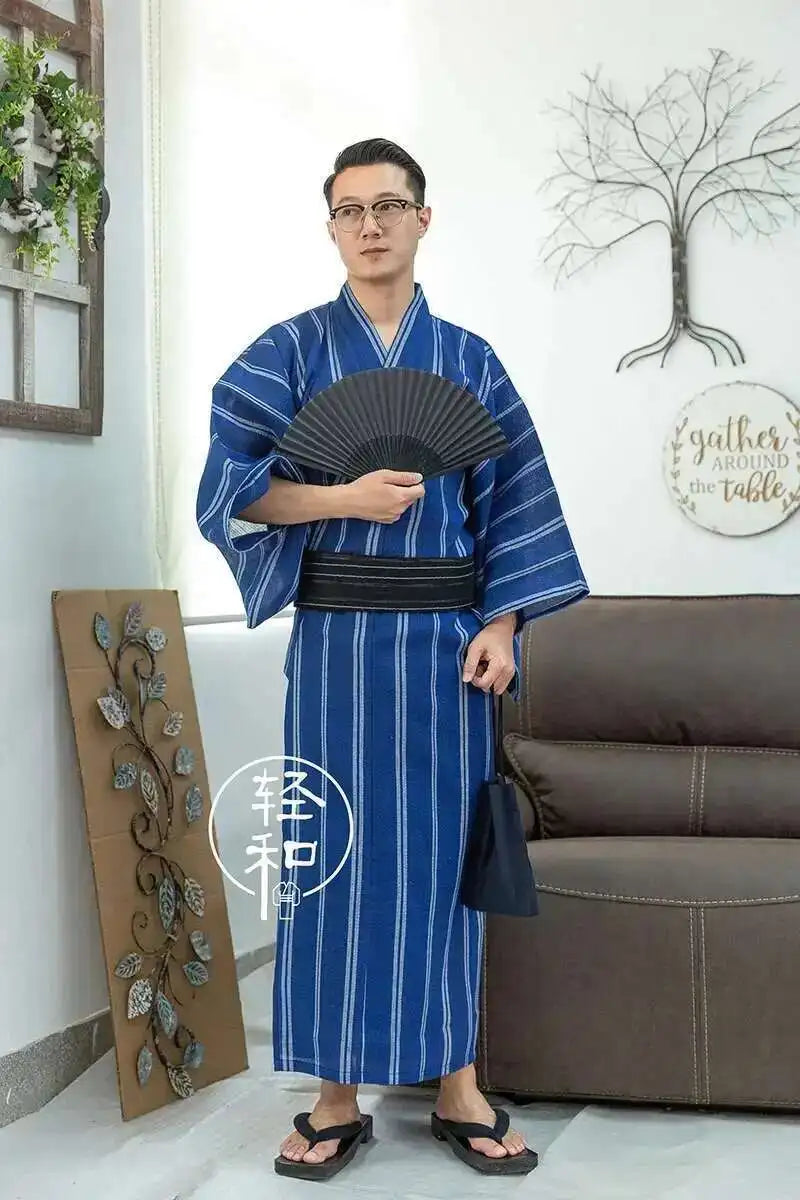 Traditional Japanese KIMONO Fashion YUKATA Summer Men Long Robes With Belt 95% Cotton Pajamas Set Male Sleepwear Bathrobe