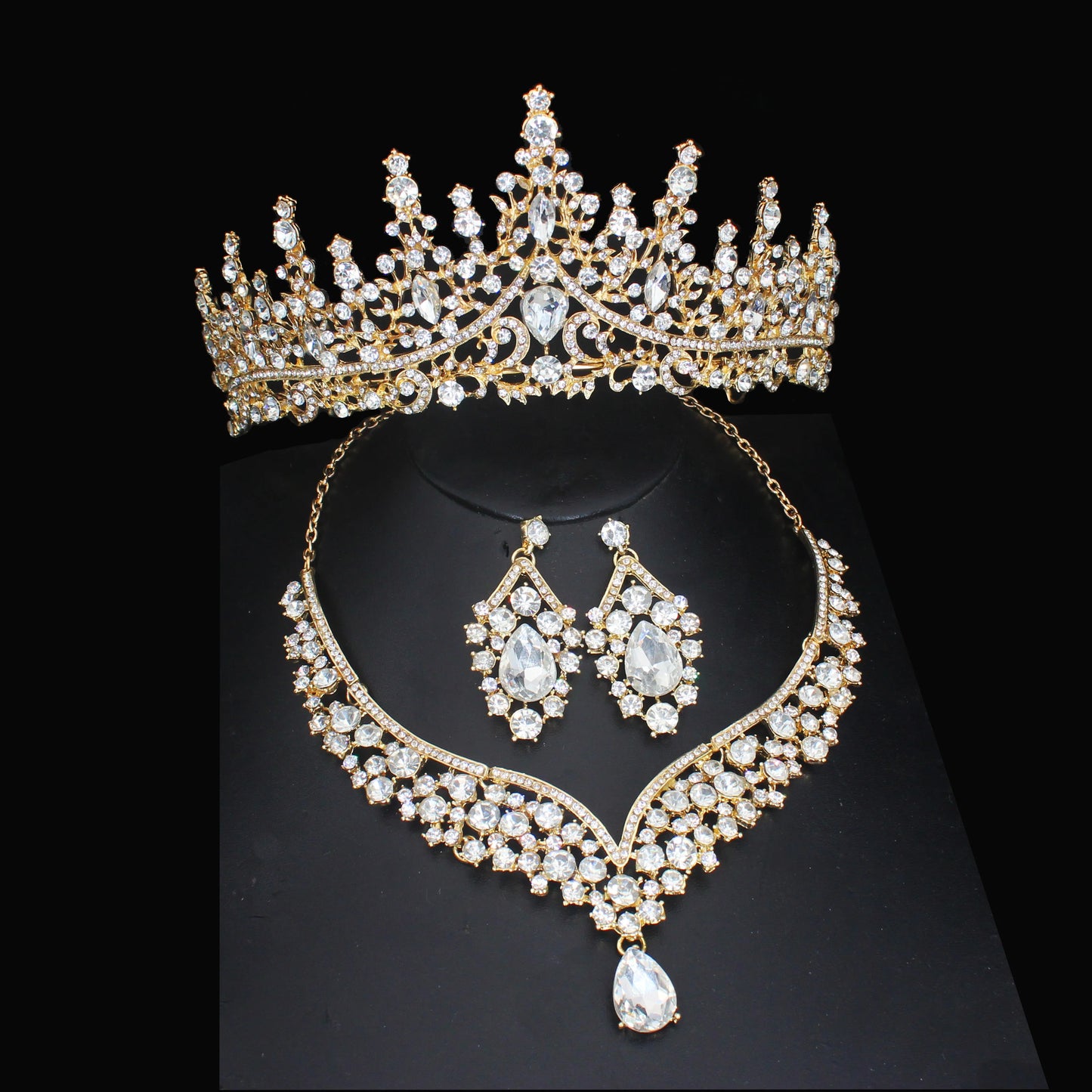 Pink Crystal Bridal Jewelry Sets For Women Girl Princess Tiara/Crown Earring Necklace Wedding Pageant Prom Jewelry Accessories