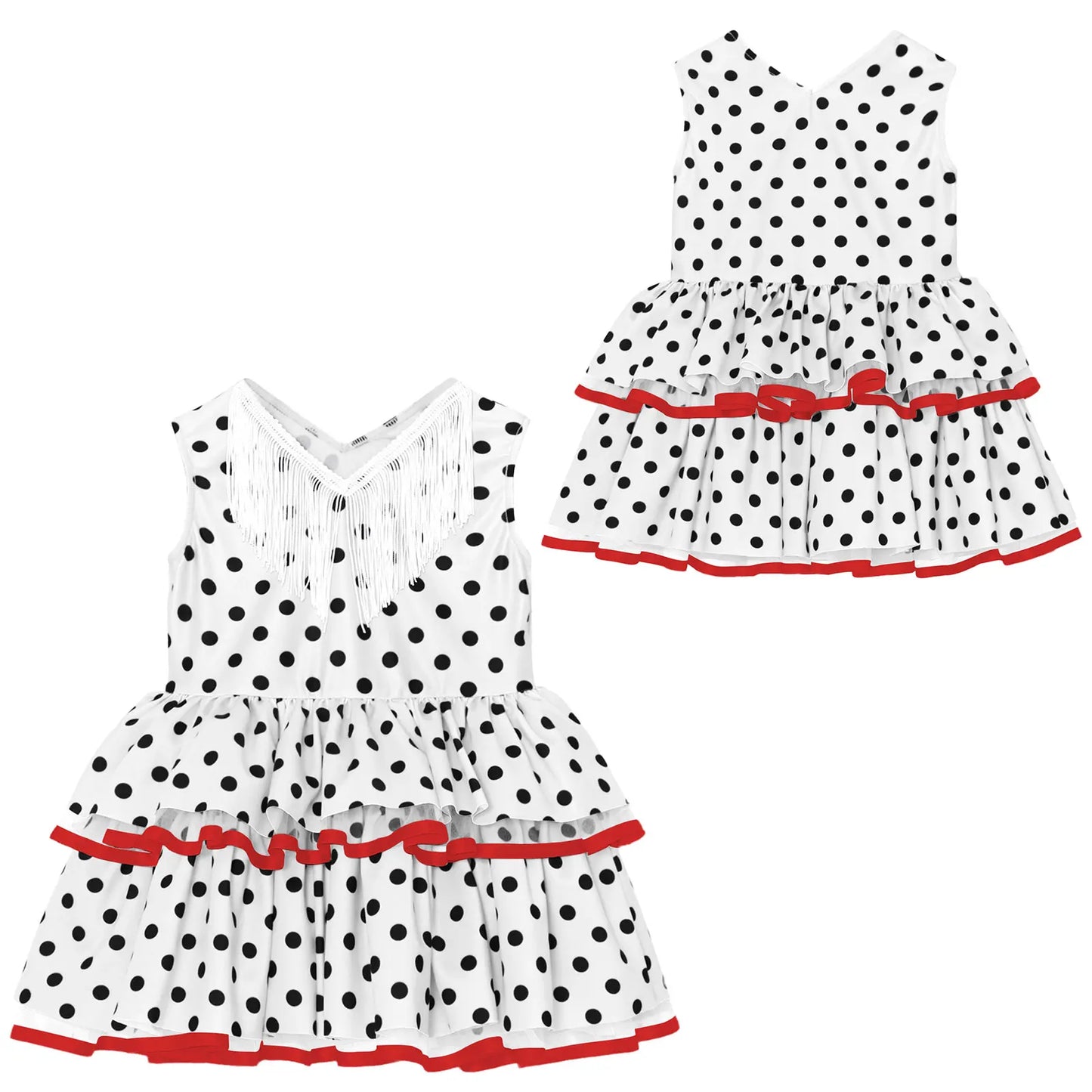Baby Girls Cute Flamenco Dance Costume V-neck Sleeveless Tassel Polka Dot Mesh Layered Cake Dress for Dance Party Performance