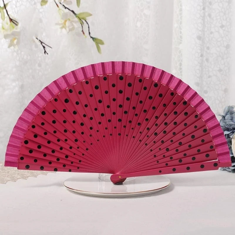 Flamenco Spanish Wood Folding Fan Dots Pattern Modern Classical Vintage Wood Hand Fan for Dance Perfornamnces Party