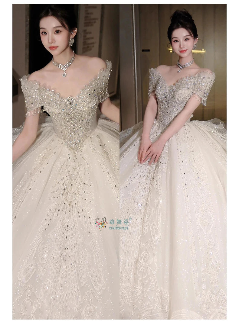 High End Quality Princess Dresses Ball Gown Crystal Heavy Beading 2025 Luxury Bridal Wedding Off Shoulder Main Wedding Dress