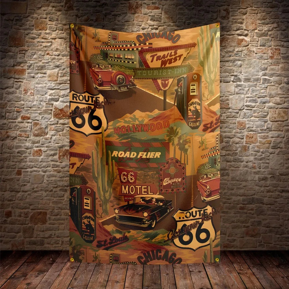3X5Ft U.S. Route 66 Motorcycle Flag Polyester Digital Printing Car Banner For Decor
