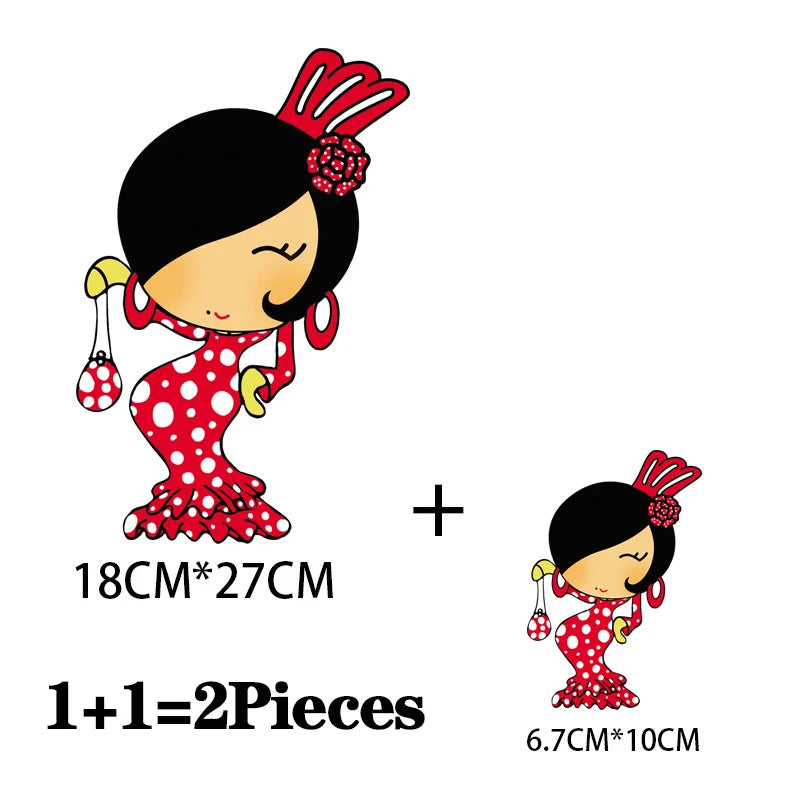 2Pcs/Lot Flamenco Dance Heat Thermal Transfer Fusible Stickers Iron On Thermoadhesive Patches For Clothes Ironing Accessories