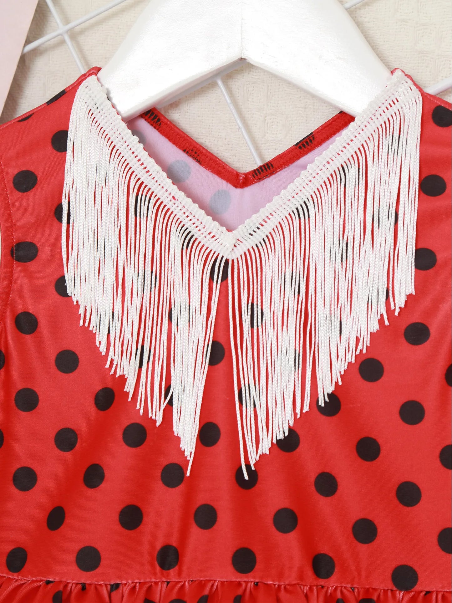 Baby Girls Cute Flamenco Dance Costume V-neck Sleeveless Tassel Polka Dot Mesh Layered Cake Dress for Dance Party Performance