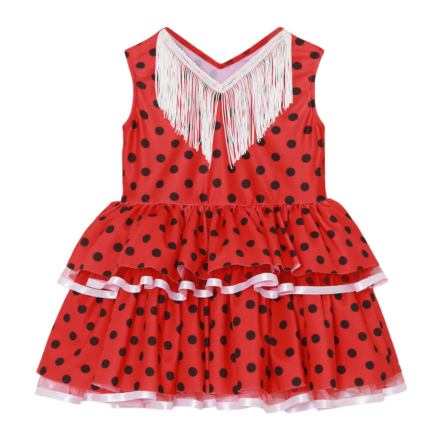 Baby Girls Cute Flamenco Dance Costume V-neck Sleeveless Tassel Polka Dot Mesh Layered Cake Dress for Dance Party Performance