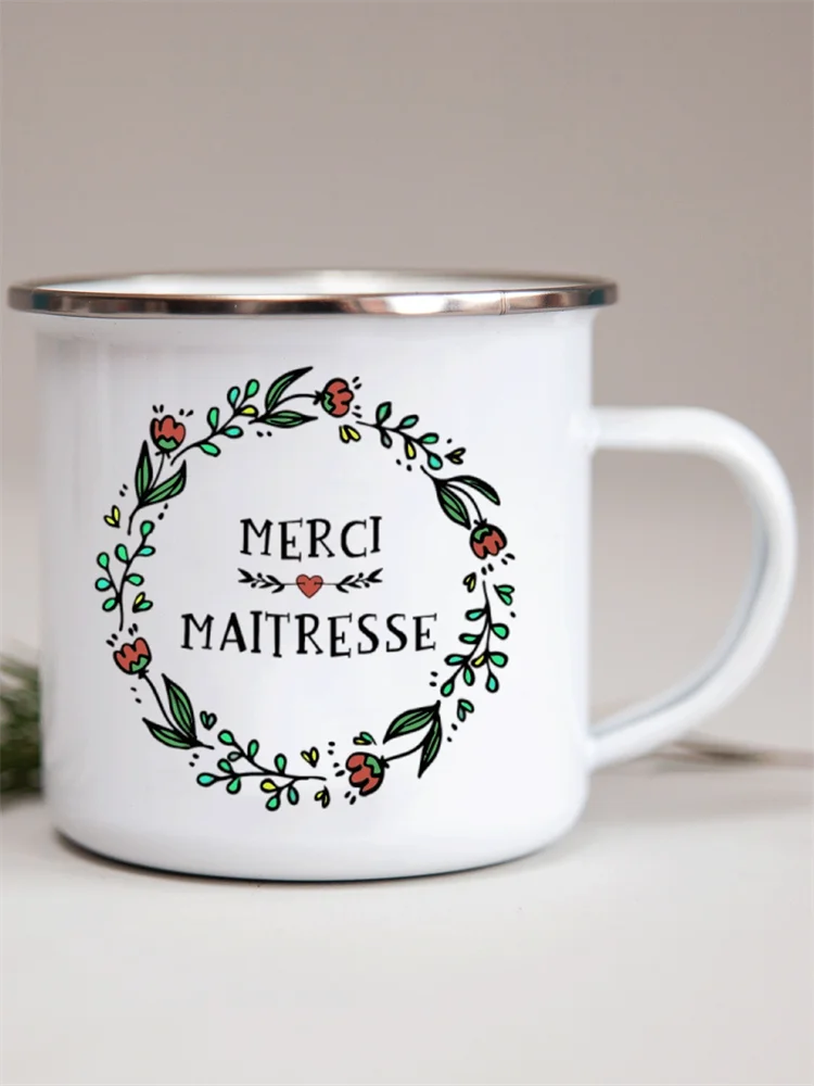 French Flower Printed Enamel Mugs Creative Coffee Mug Milk Wine Beer Drink Juice Cup School Home Handle Drinkware Teacher Gifts