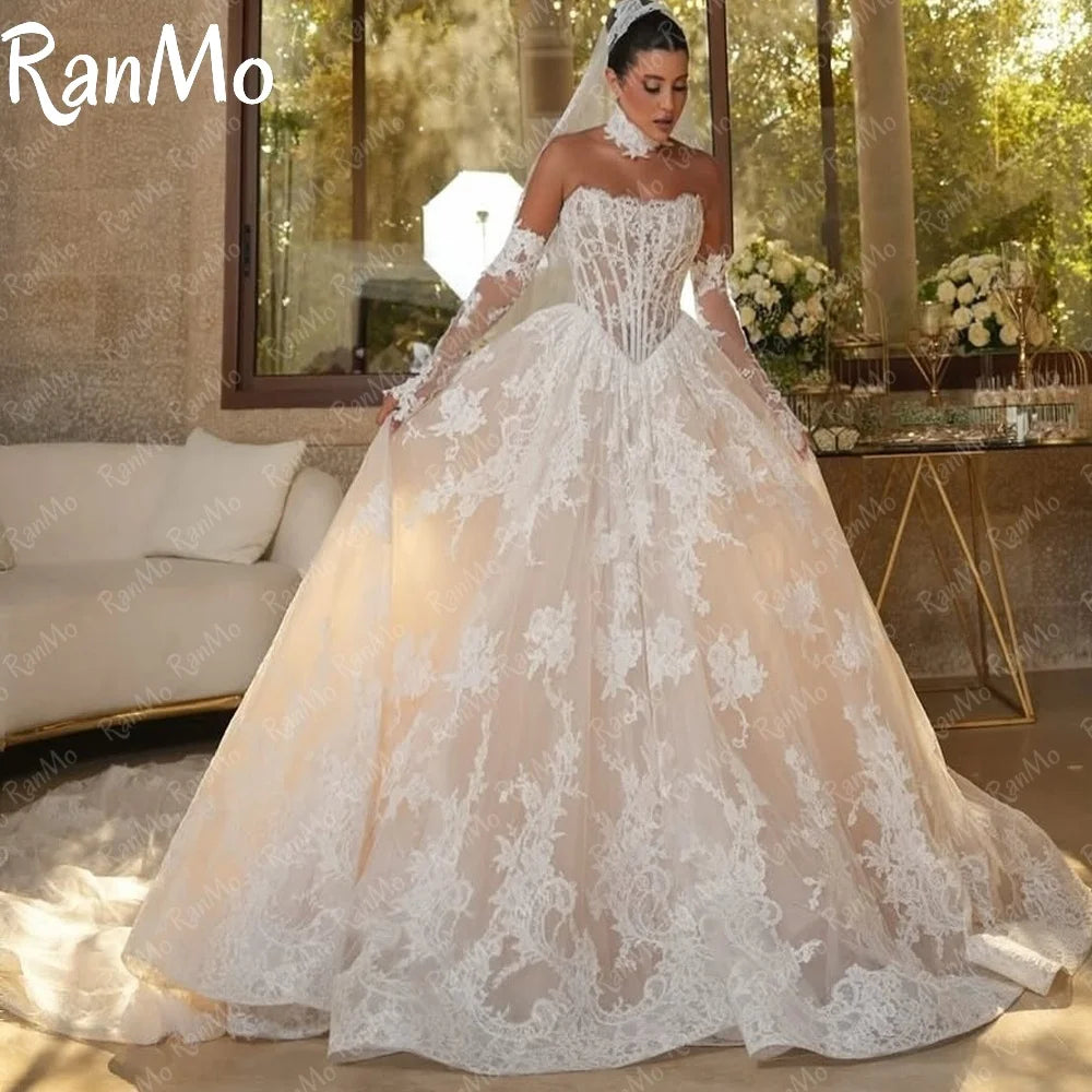 Ranmo 2025 Exquisite A-line Wedding Dress luxury Strapless Bridal Gown Lace Sleeveless Customized Vestidos De Novia Sweep Train
