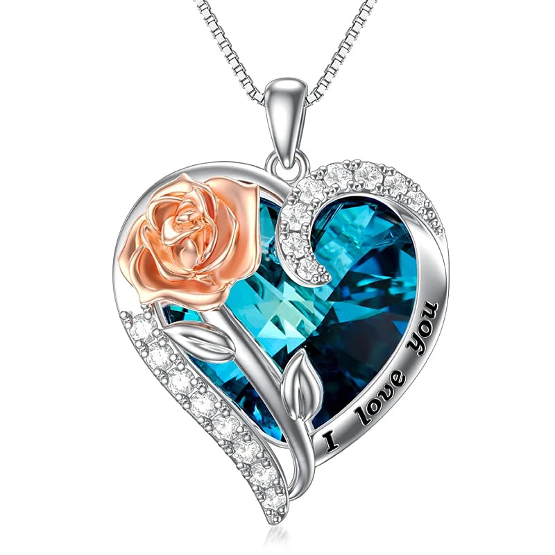 Fashion "I Love You" Rose Flower Pendant Necklace Ladies Heart Crystal Jewelry Anniversary Birthday Gift Mom Wife Girlfriend