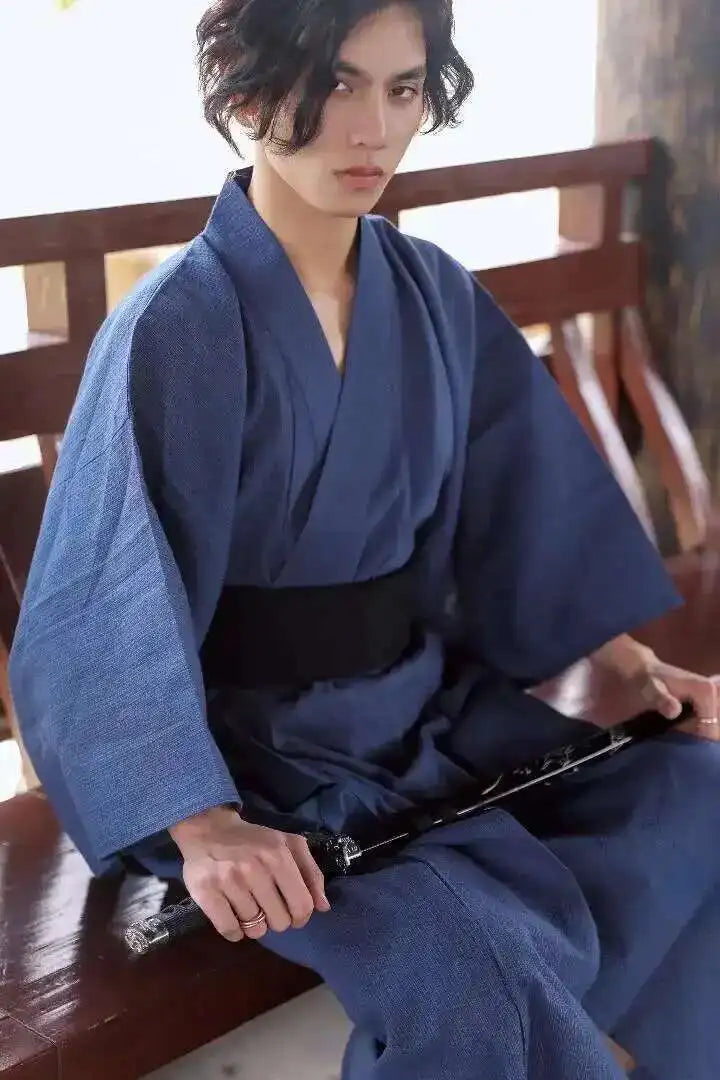 Traditional Japanese KIMONO Fashion YUKATA Summer Men Long Robes With Belt 95% Cotton Pajamas Set Male Sleepwear Bathrobe