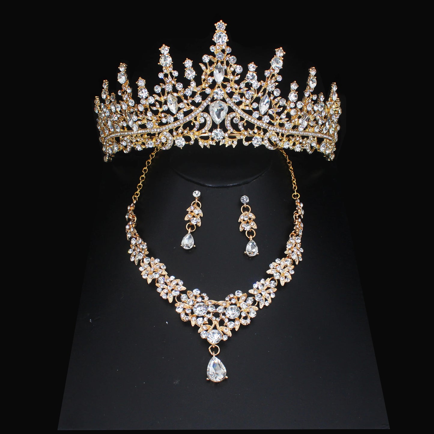 Pink Crystal Bridal Jewelry Sets For Women Girl Princess Tiara/Crown Earring Necklace Wedding Pageant Prom Jewelry Accessories