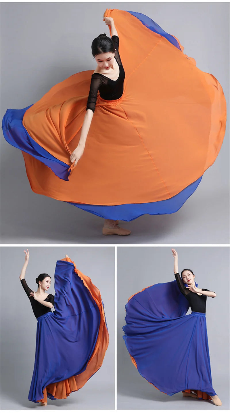 Flamenco Chiffon Dance Skirt for Women 720 Degrees Solid Color Long Skirts Dancer Practice Wear Chinese Style Skirt with Big Hem