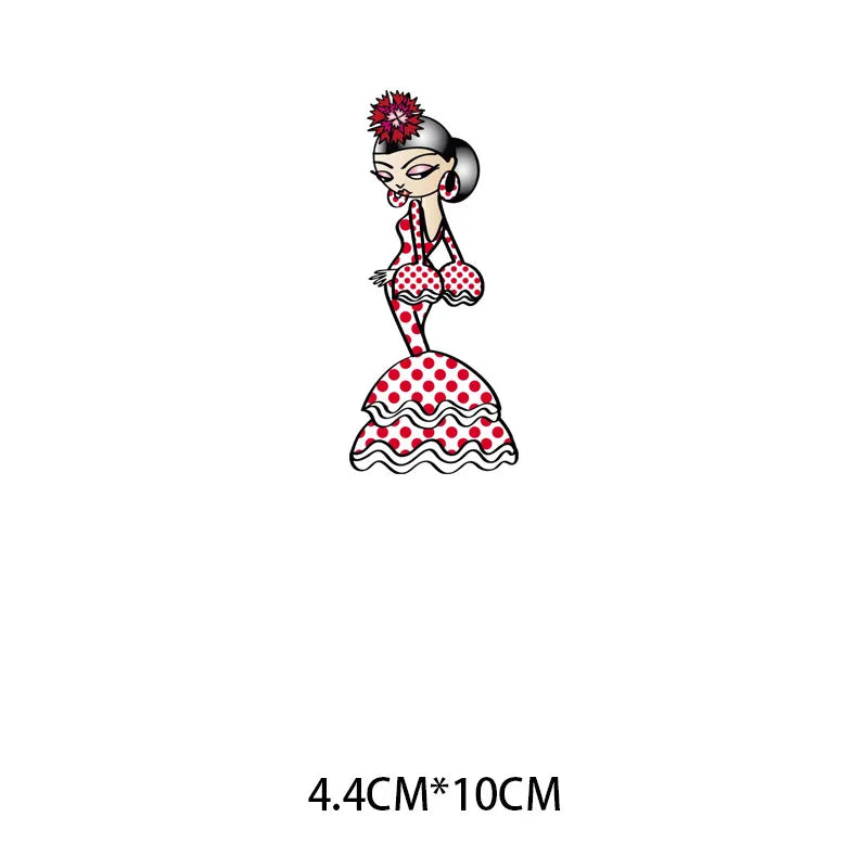 2Pcs/Lot Flamenco Dance Heat Thermal Transfer Fusible Stickers Iron On Thermoadhesive Patches For Clothes Ironing Accessories