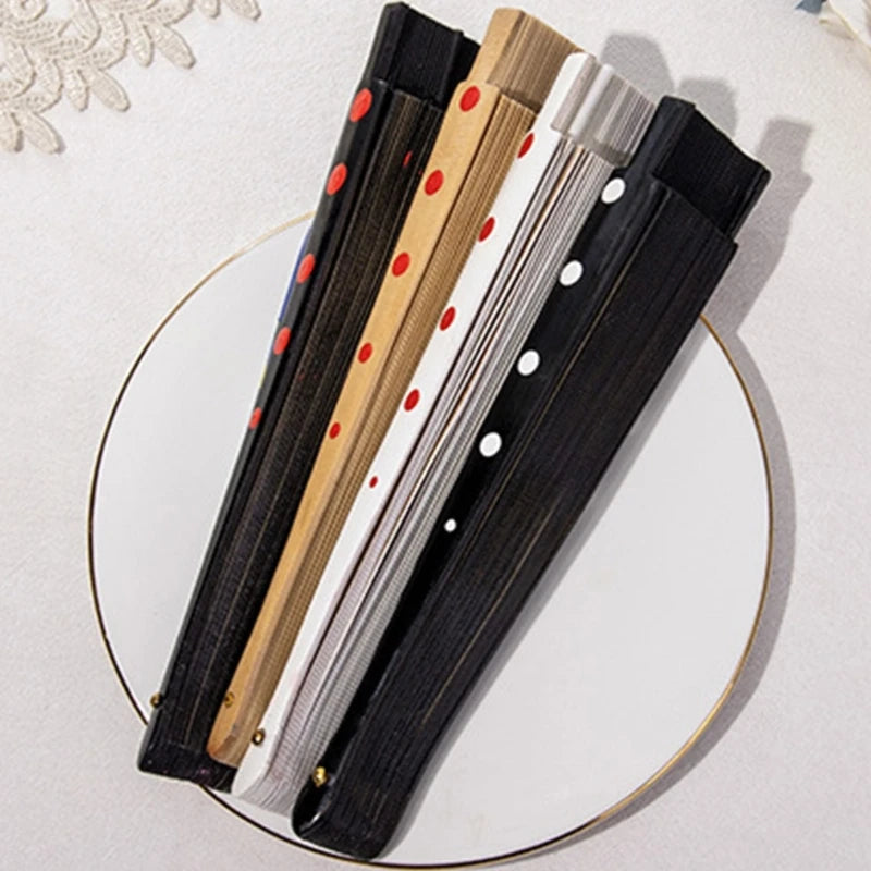 Flamenco Spanish Wood Folding Fan Dots Pattern Modern Classical Vintage Wood Hand Fan for Dance Perfornamnces Party