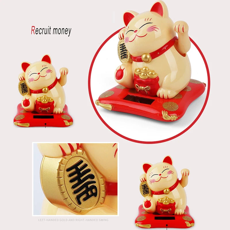 1pc Solar Powered Maneki Neko Lucky Cat Welcoming Chinese Lucky Cat Waving Hand Beckoning Fortune Cat Figurines For Home Decor